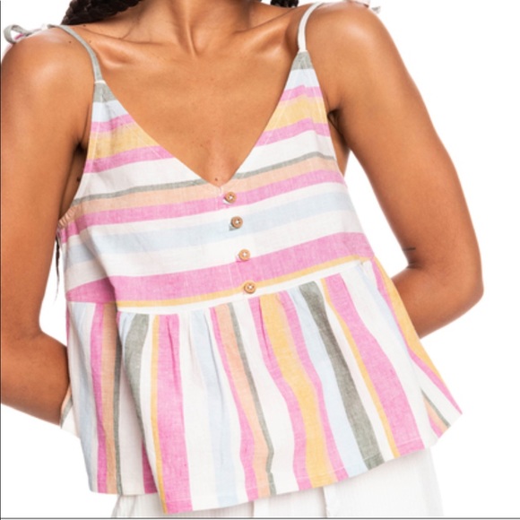Roxy Pink, White, Yellow Striped Button Midriff Tank Top - Picture 1 of 11